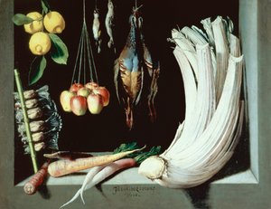 Natura morta con uccelli morti, frutta e verdura, 1602